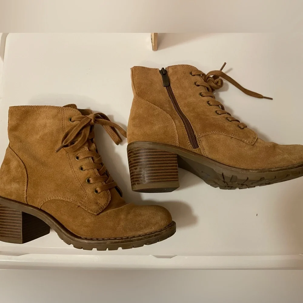Genuine Suede Leather Ankle Boots Booties Lace/Zip Up Rubber Sole Camel/Tan